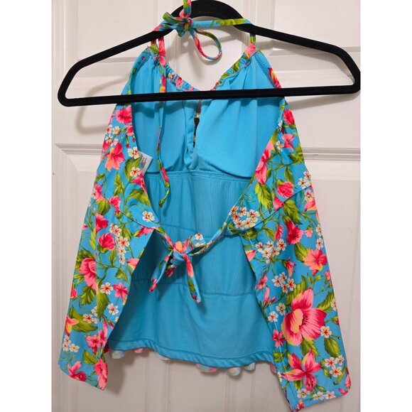 Catalina Halter Neck Floral Ruffle Bikini Top Size M 8-10 Blue/Multicolor Polyes - Picture 3 of 6